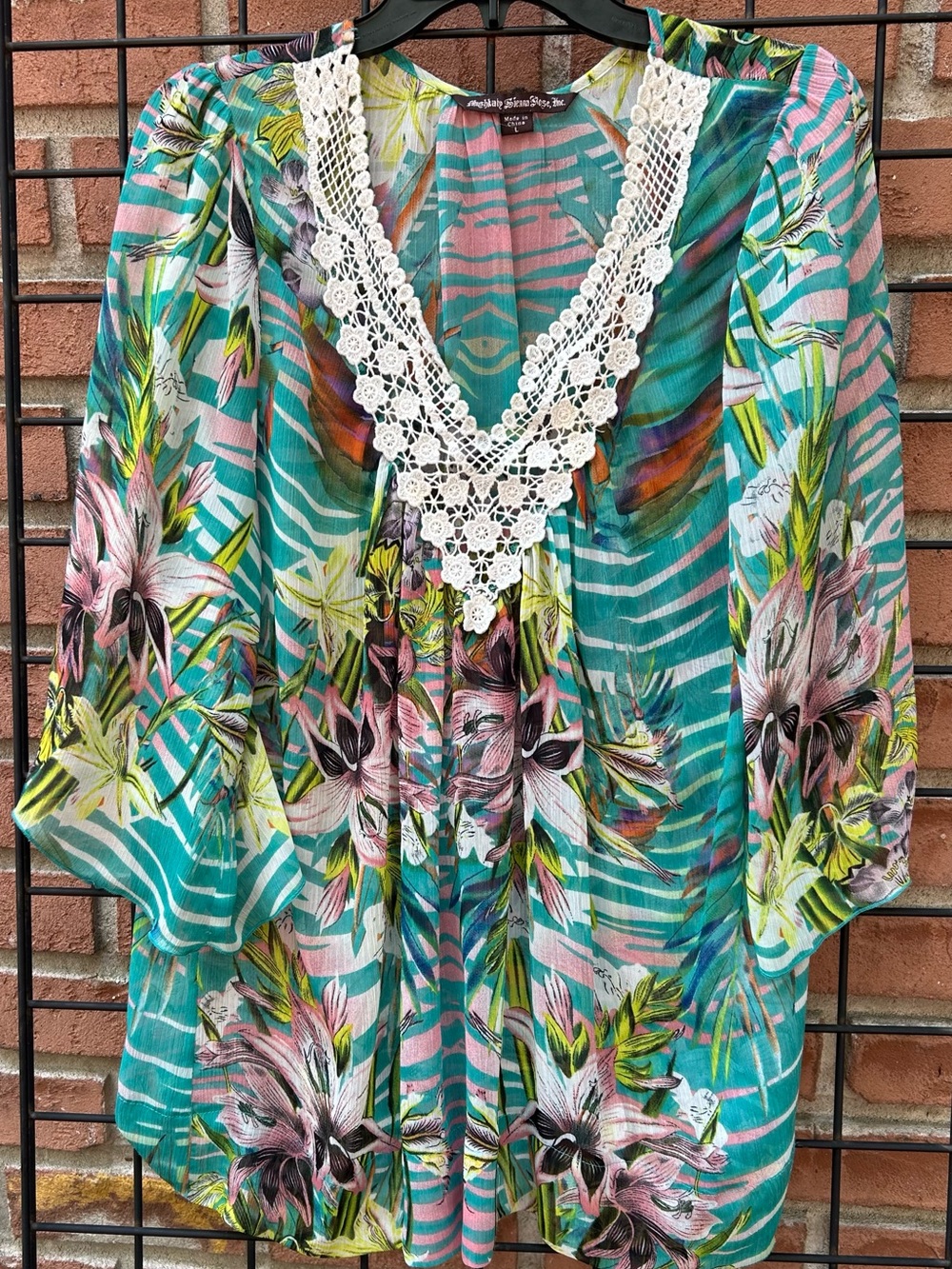 Tropical Floral Crochet V-Neck Tunic - Teal & Pink